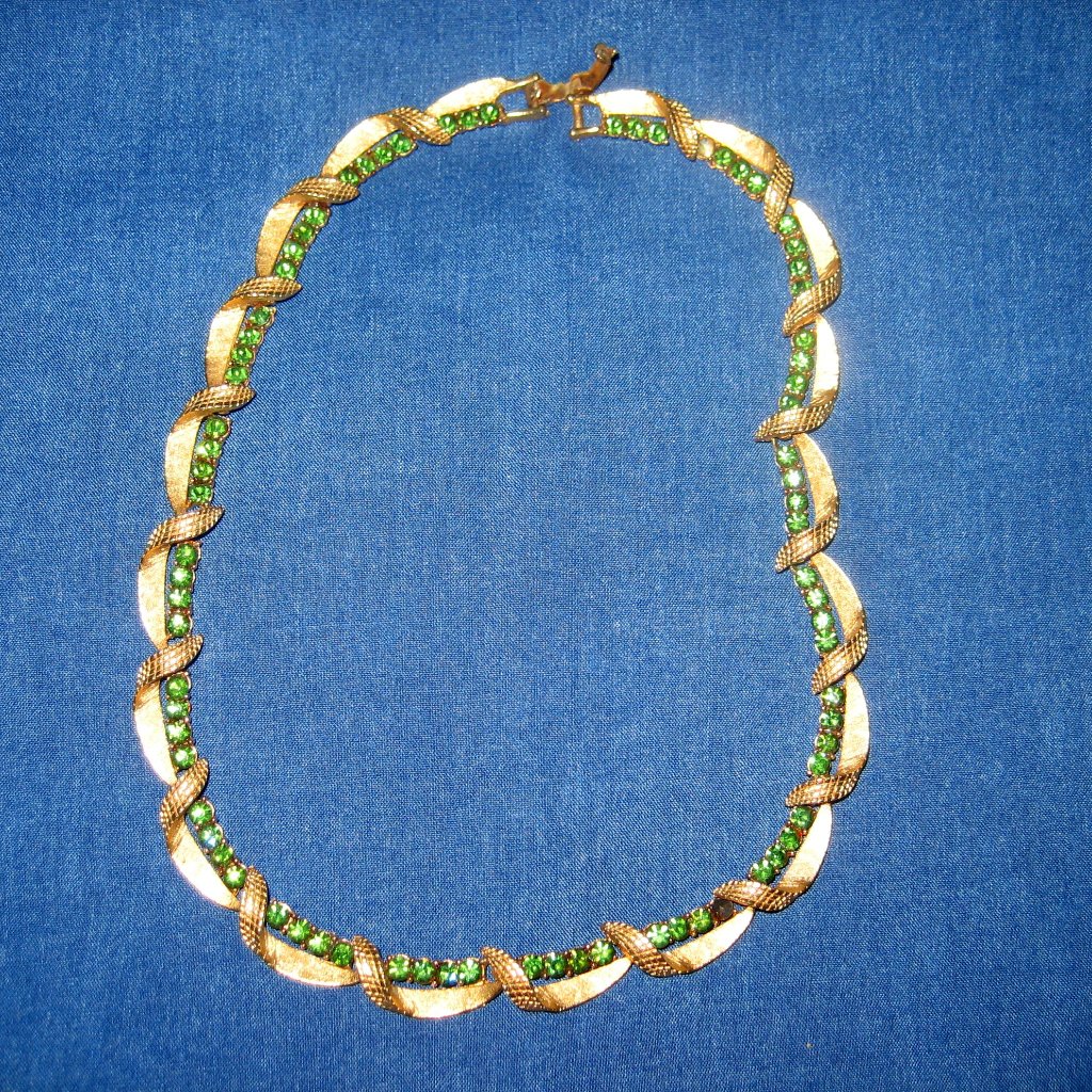 Textured Goldtone Framework With Emerald Green Rhinestones Possibly Coro 24$